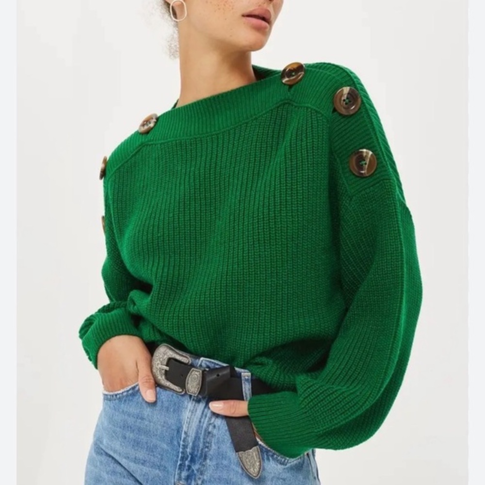 Topshop cottagecore minimalist whimsy Green Button-Accent Sweater